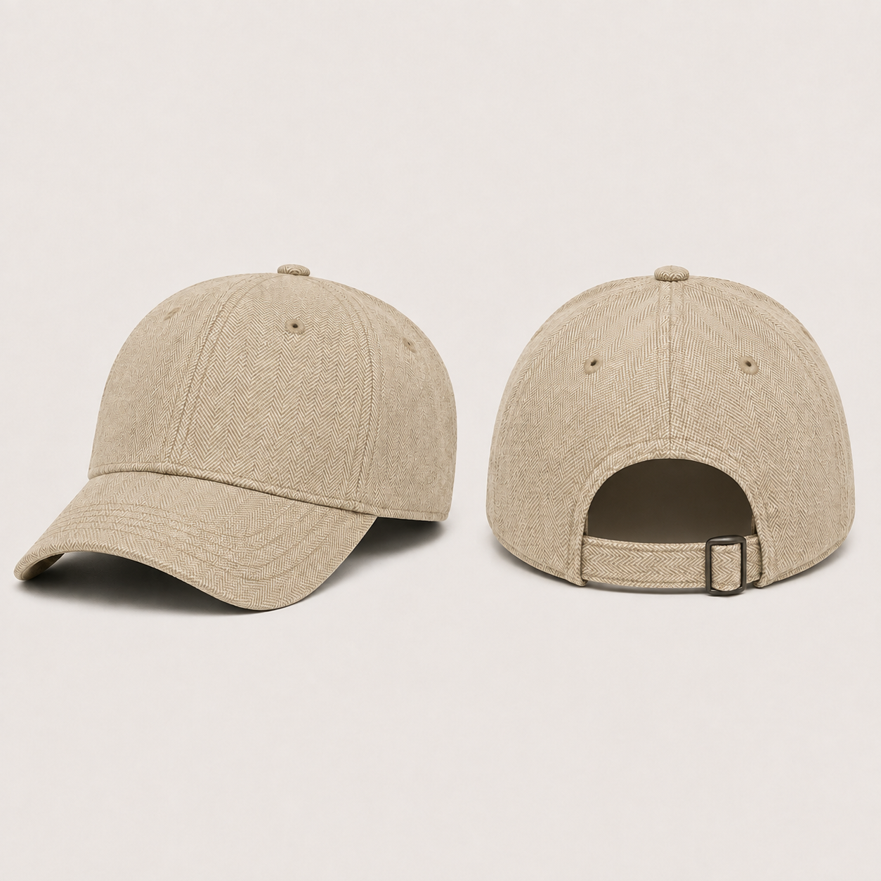Front three-quarter and rear views of the same panel-oriented herringbone cap in pale wheat and muted taupe.