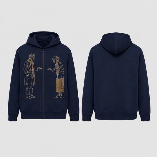 Front and back of a navy zip hoodie with two cream-and-ochre drawn adults offering passage toward each other across the center zipper; plain back.