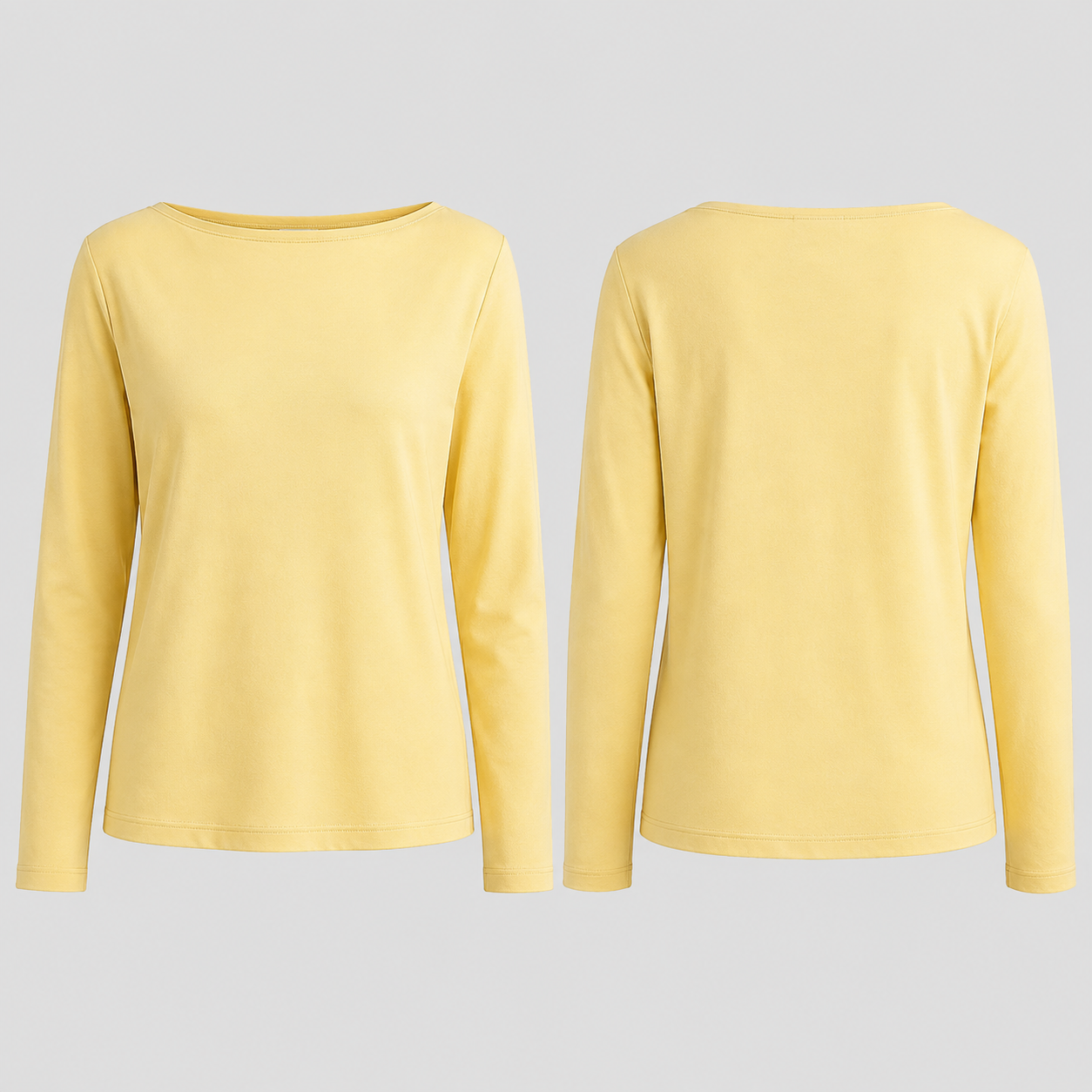 Front and back of a butter-yellow long-sleeve tee with a shallow boat neckline, conventional shoulders and straight sleeves.