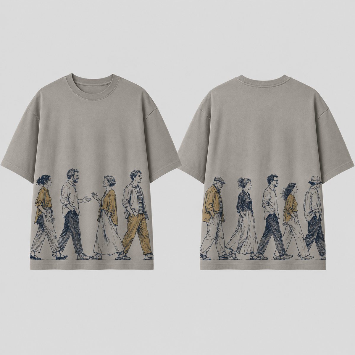 Front and back of a warm-gray oversized tee with an ink-and-ochre procession continuing around the lower body above the straight hem.