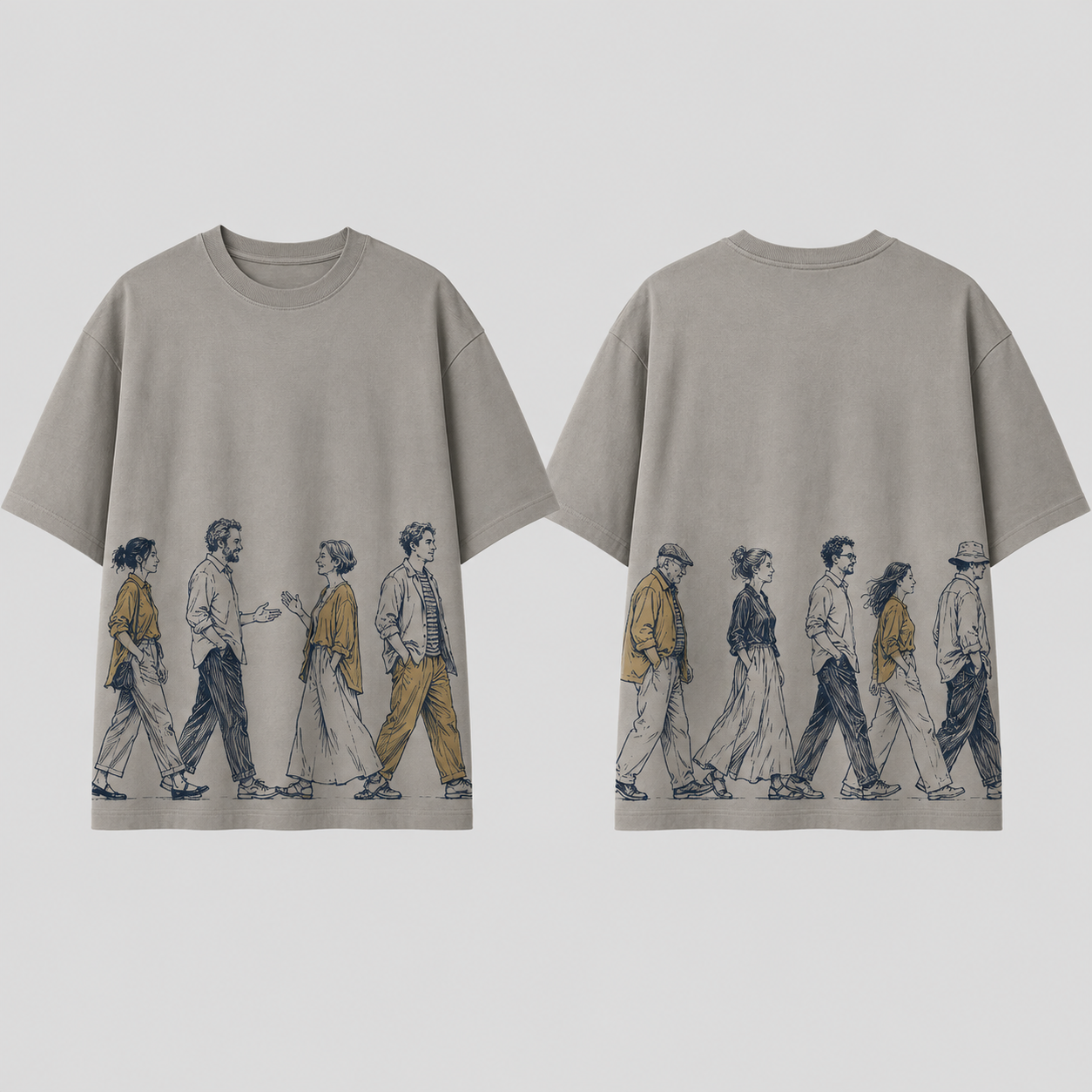 Front and back of a warm-gray oversized tee with an ink-and-ochre procession continuing around the lower body above the straight hem.