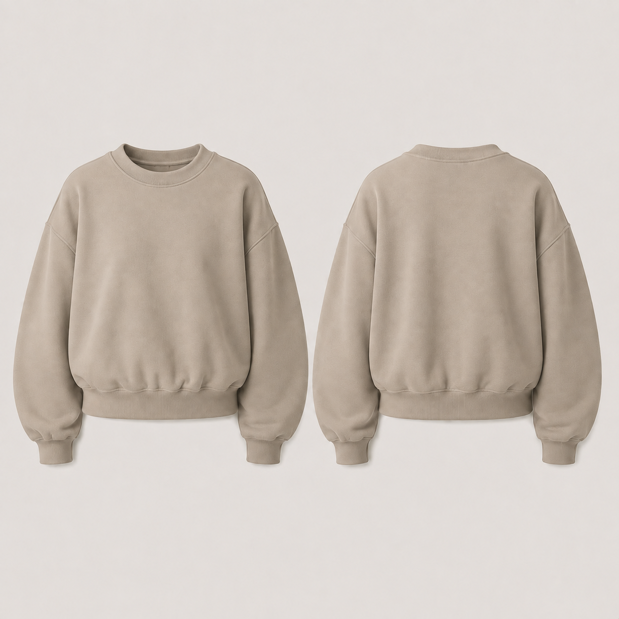 Front and back of a plain mushroom-gray crewneck with a compact rounded body and matching curved barrel sleeves.