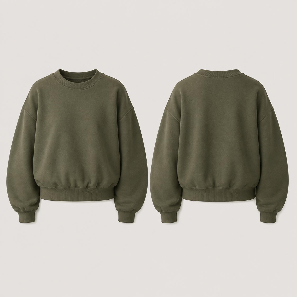 Front and back of a plain moss crewneck with a compact rounded body and matching curved barrel sleeves.