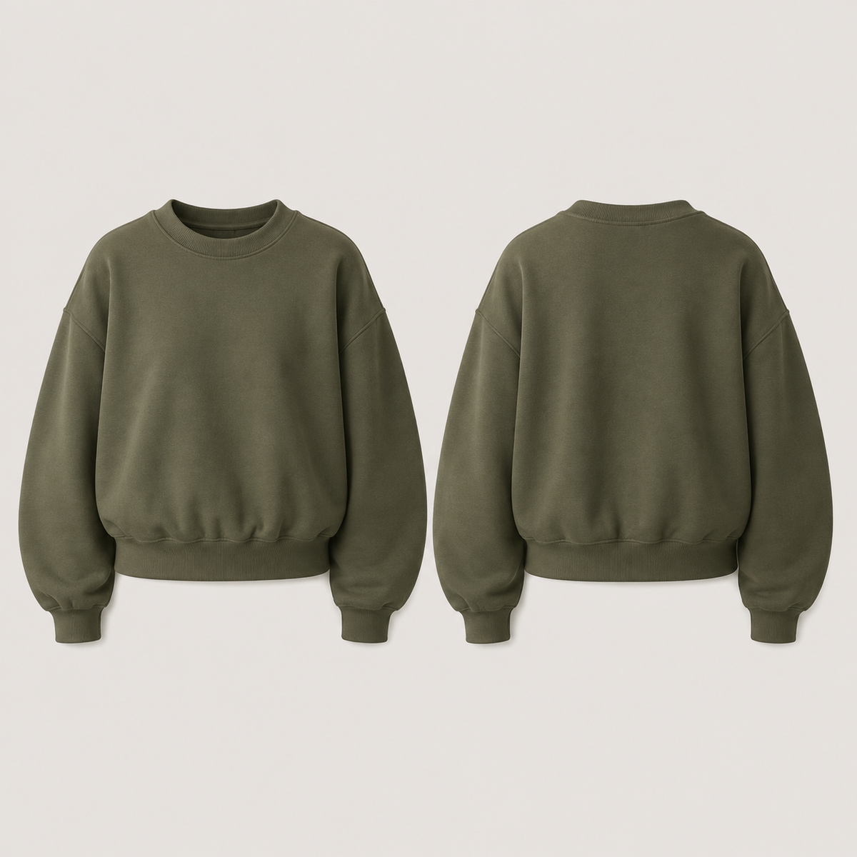 Front and back of a plain moss crewneck with a compact rounded body and matching curved barrel sleeves.