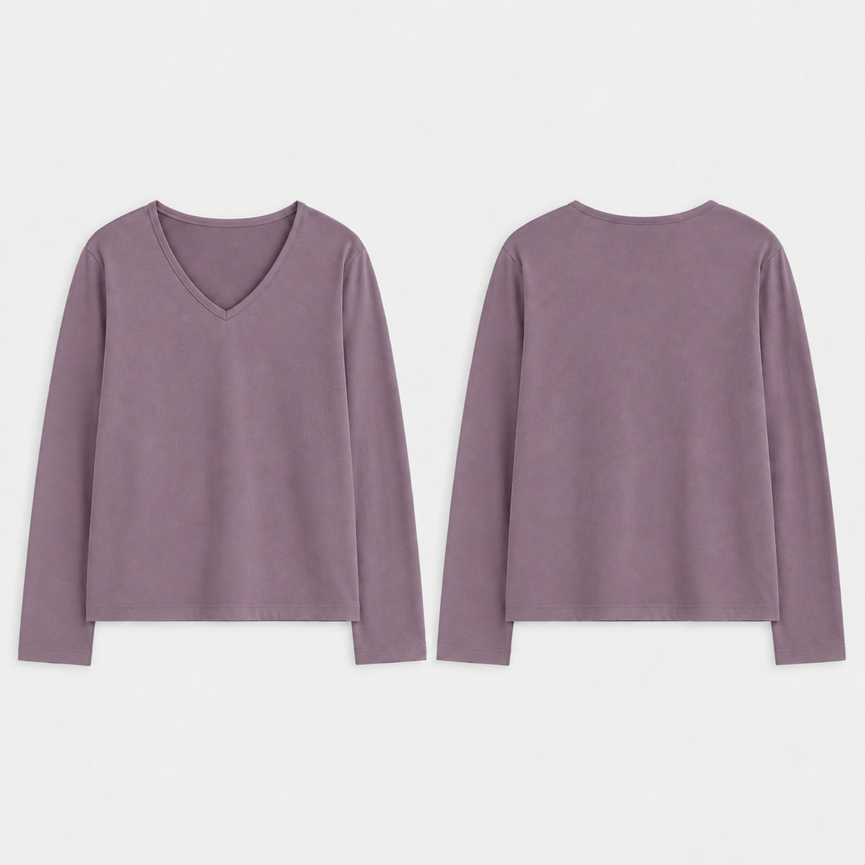 Front and back of the same soft-V long-sleeve tee in washed plum.