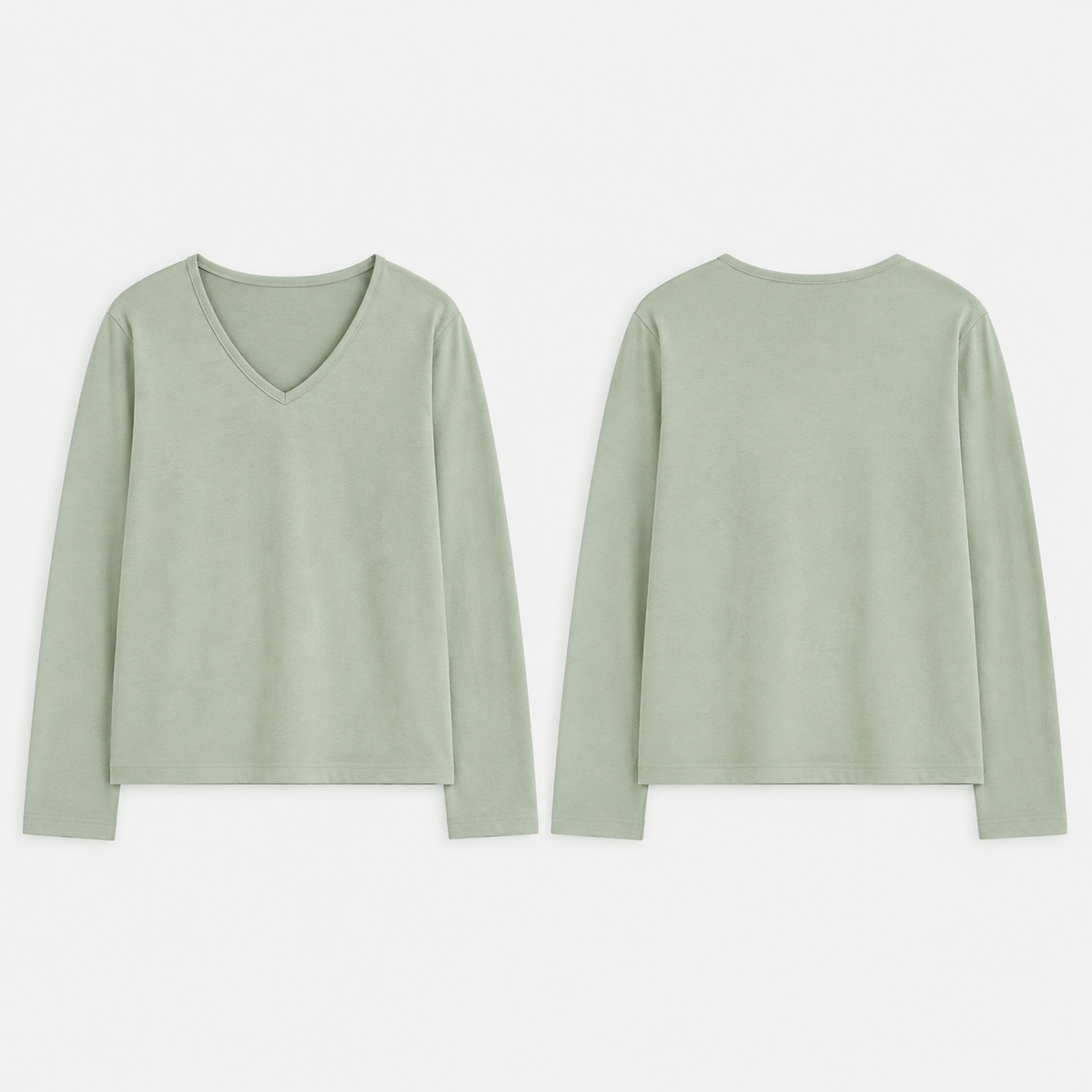 Front and back of a celadon long-sleeve tee with a clear soft V front neckline, broad upper-hip body and wide straight sleeves.