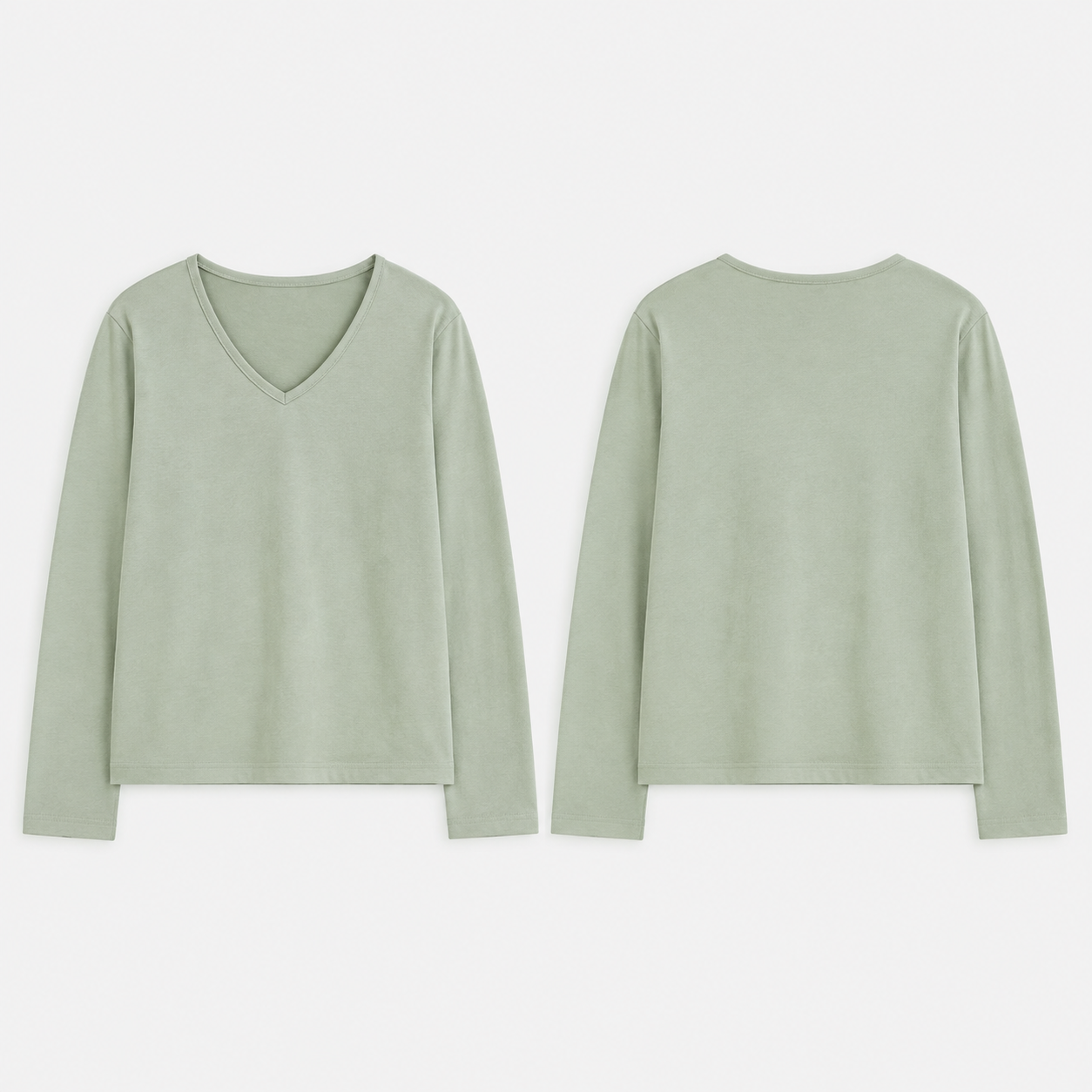 Front and back of a celadon long-sleeve tee with a clear soft V front neckline, broad upper-hip body and wide straight sleeves.
