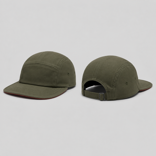 Front and rear three-quarter views of an olive low-profile cap with a broad shallow brim and muted brick-red underside.