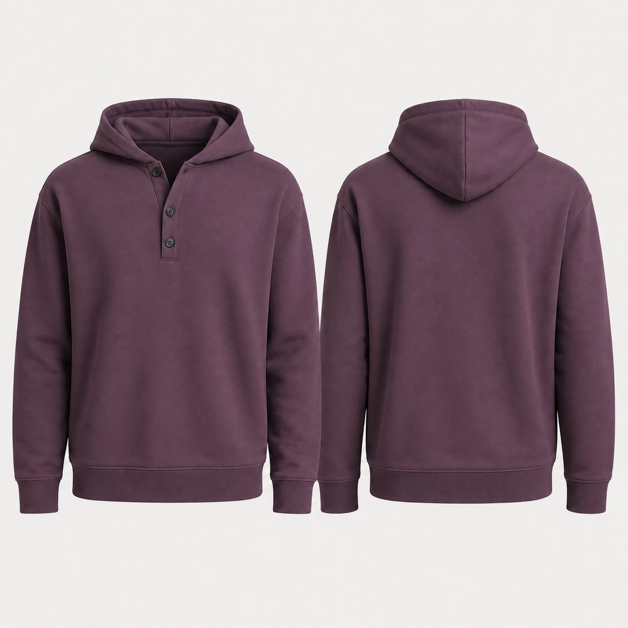 Front and back of the same three-button henley pullover hoodie in mulberry.