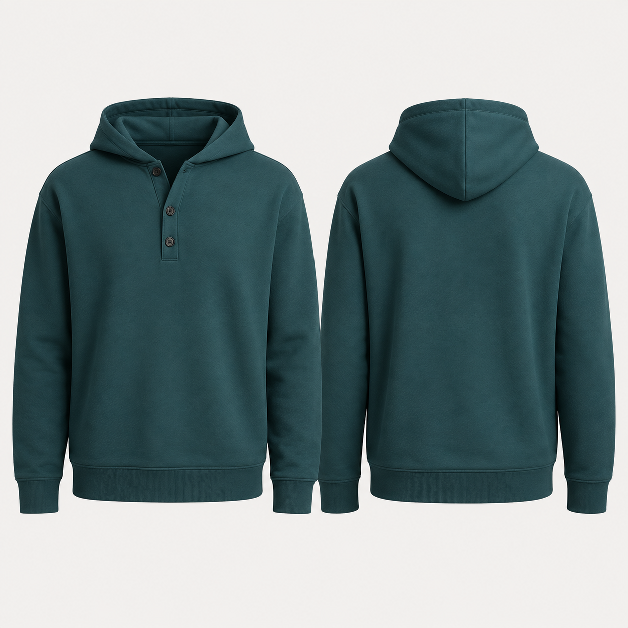 Front and back of a teal pullover hoodie with a real three-button henley neckline, top button open, and a plain rounded hood.