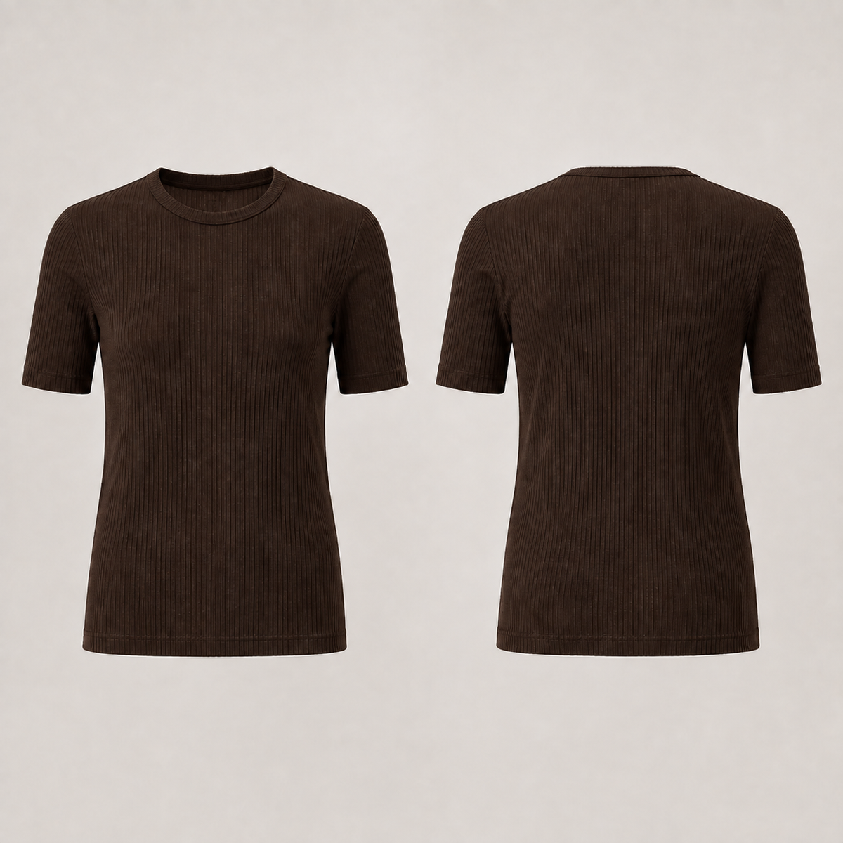 Front and back of a chocolate-brown ribbed tee with the same straight closer body and longer short sleeves.