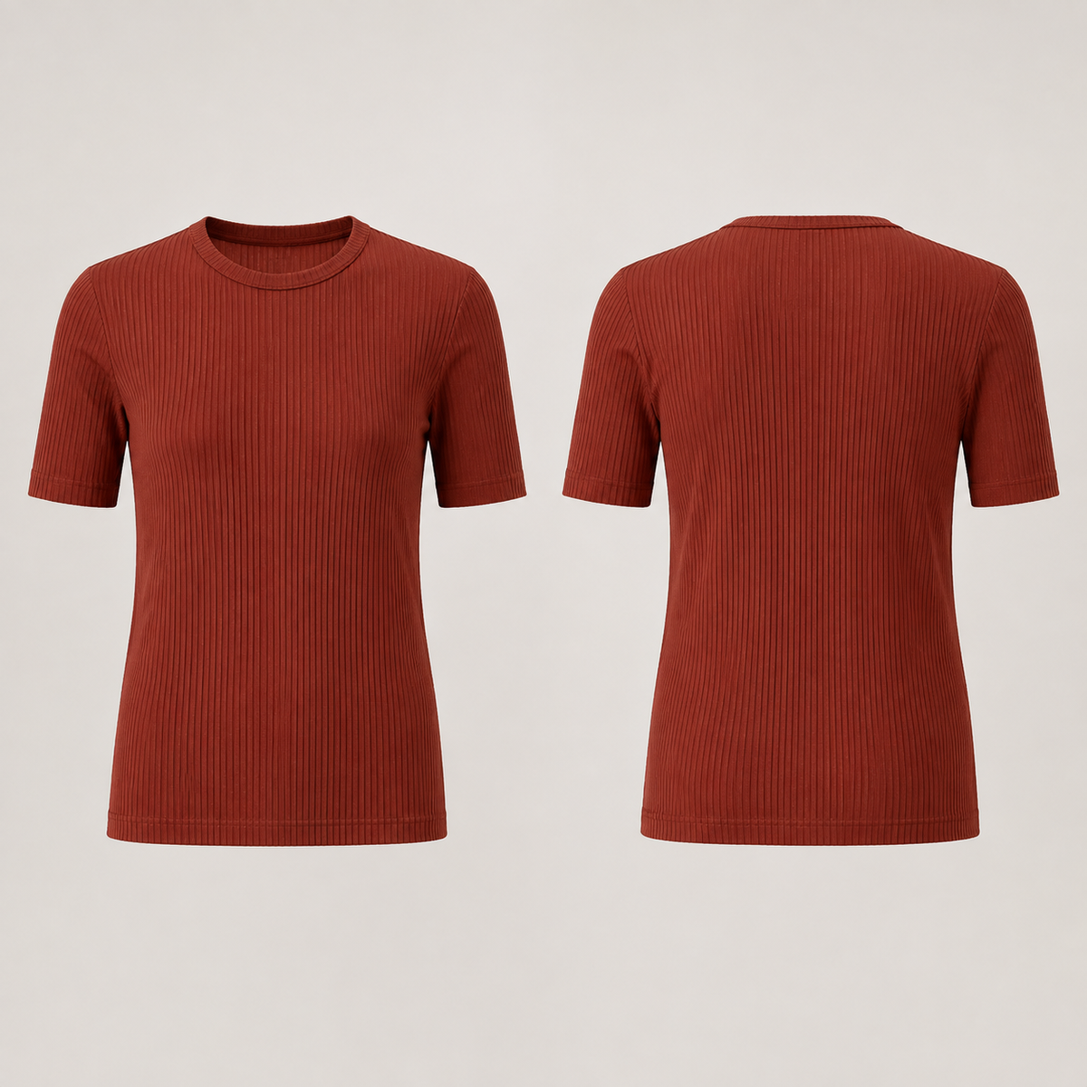 Front and back of a brick-red ribbed tee with a straight closer body, conventional shoulders and sleeves ending above the elbow.