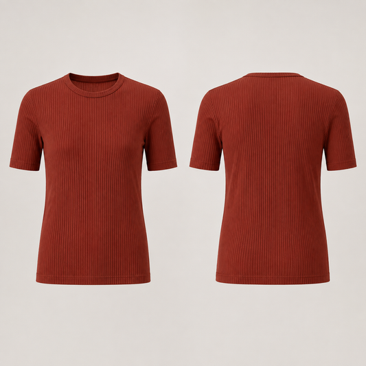 Front and back of a brick-red ribbed tee with a straight closer body, conventional shoulders and sleeves ending above the elbow.
