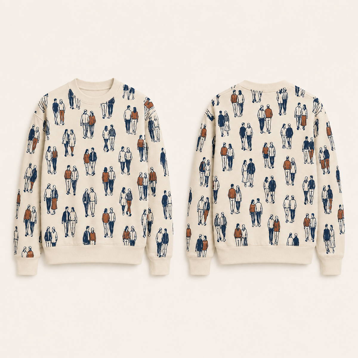 Front and back of a cream crewneck with a compact repeating ink-and-rust pattern of walking pairs and plain collar, cuffs and hem.