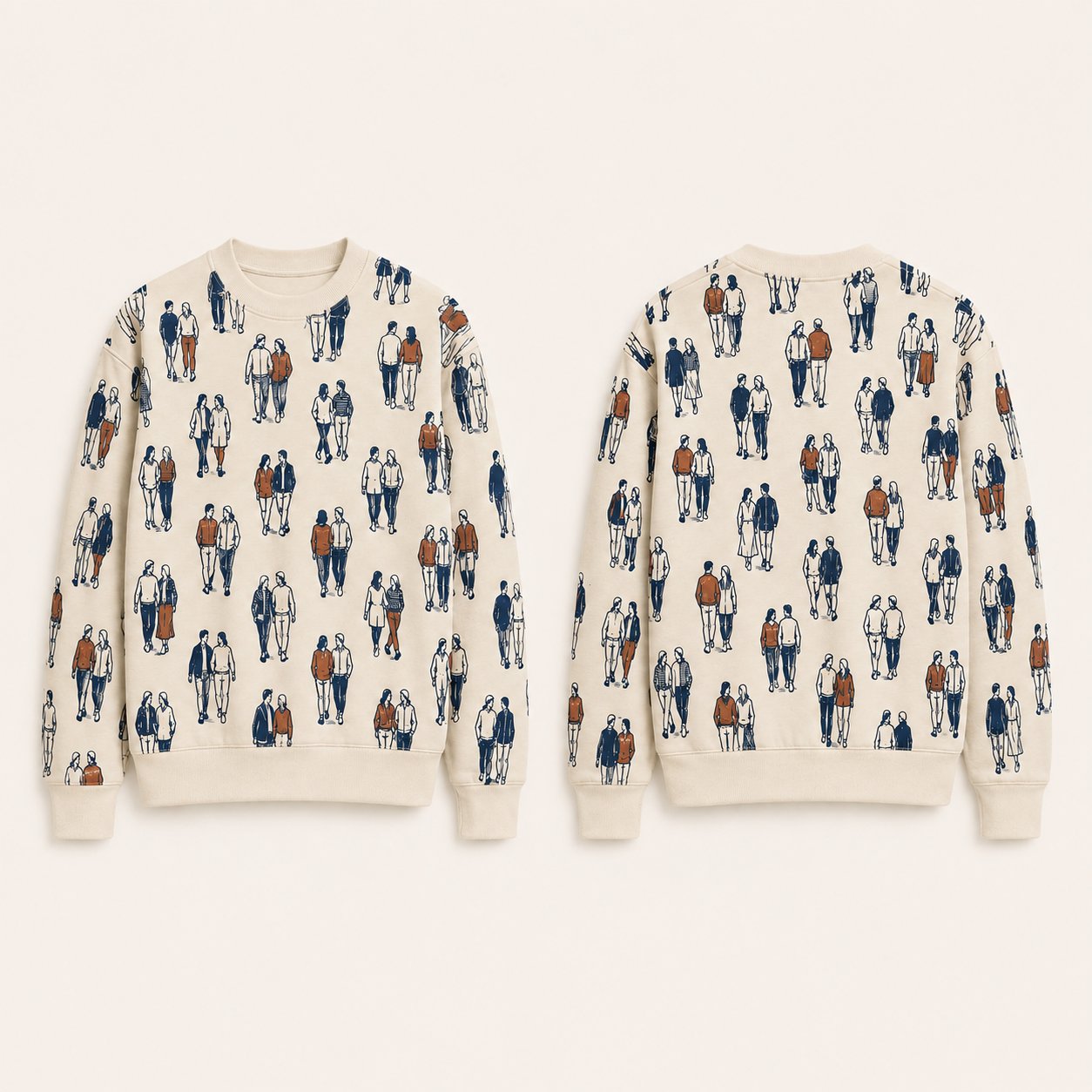 Front and back of a cream crewneck with a compact repeating ink-and-rust pattern of walking pairs and plain collar, cuffs and hem.