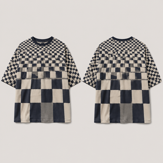 Front and back of an oversized chalk, ink-navy and gray tee with checks increasing in size from shoulder to hem.