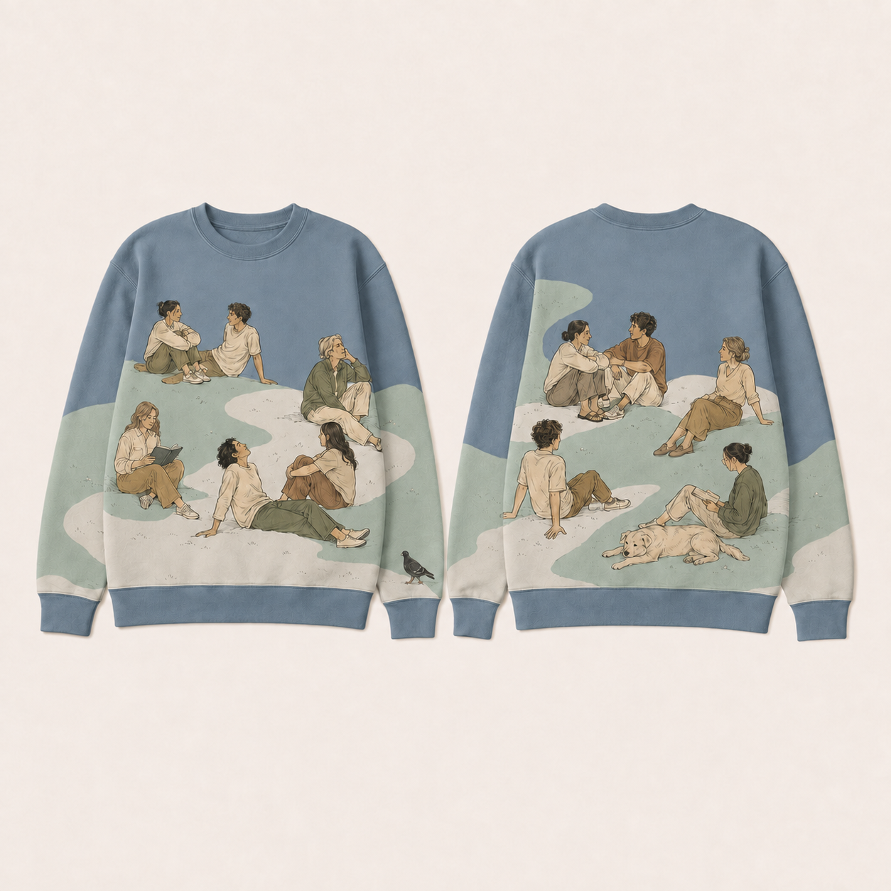 Front and back of a dusk-blue crewneck with the same continuous resting scene in celadon and pale stone, with one pigeon at the front edge.