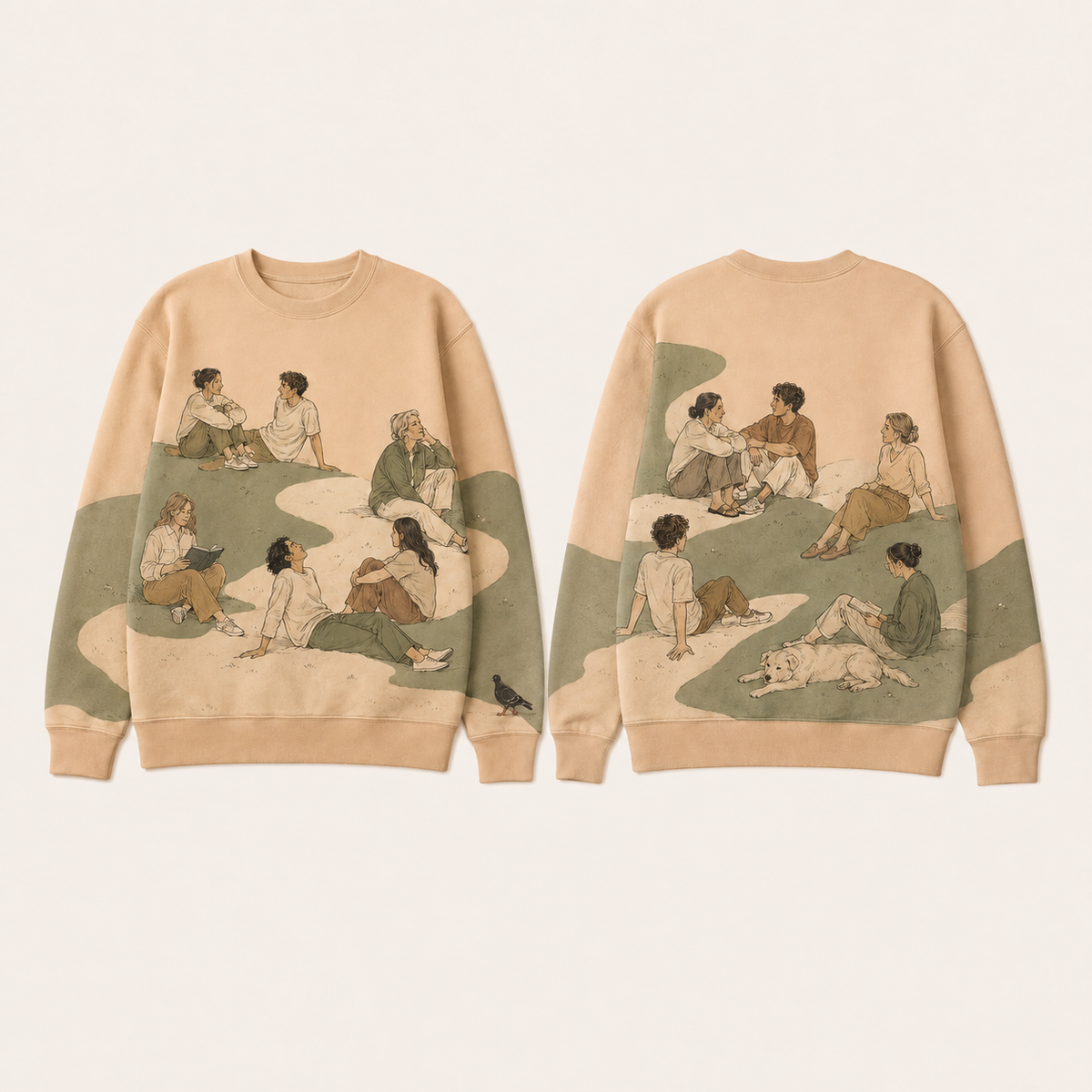 Front and back of an apricot crewneck with an expansive moss-and-cream composition of resting people and one purposeful pigeon at its edge.