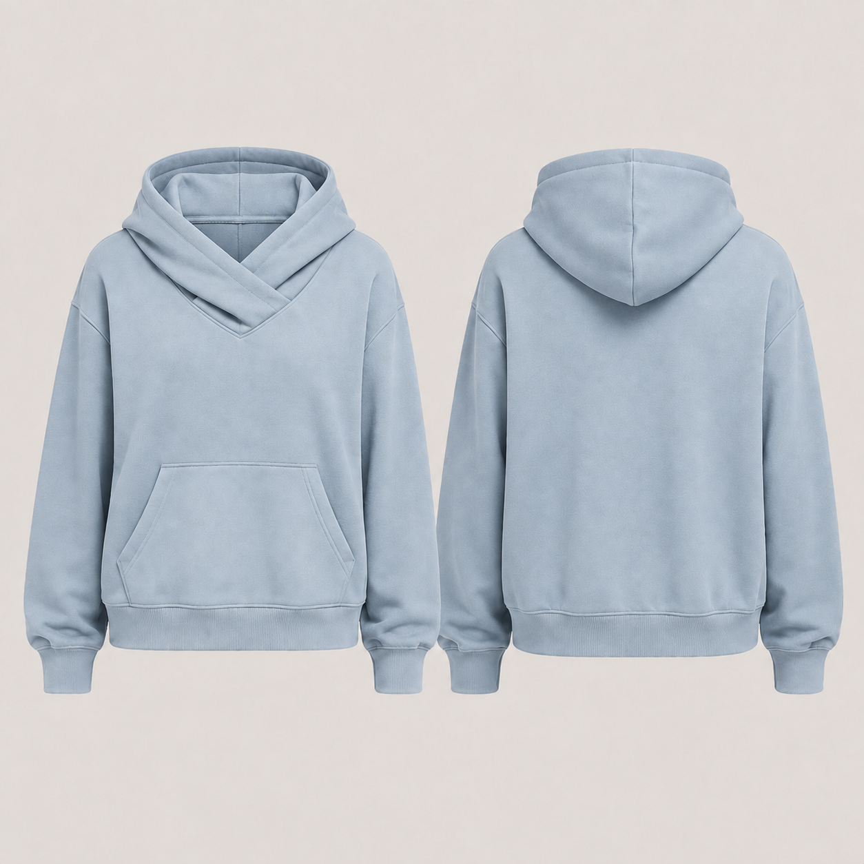 Front and back of a chalk-blue pullover hoodie with one hood continuing into a broad shallow shawl neckline.