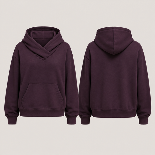 Front and back of an aubergine pullover hoodie with one hood continuing into a broad shallow shawl neckline.