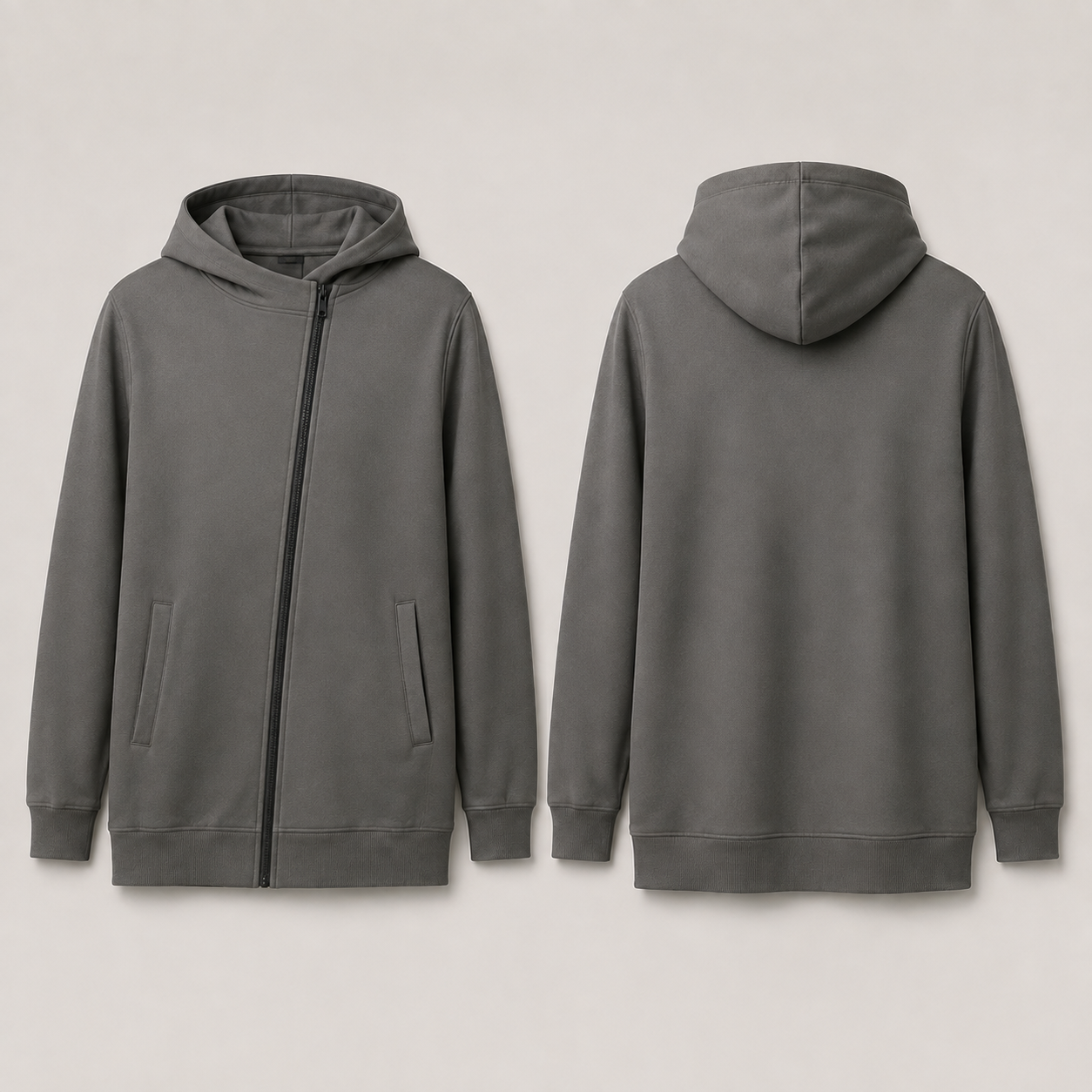 Front and back of a smoke-gray zip hoodie with a single zipper angled from the center hem to the left neckline.