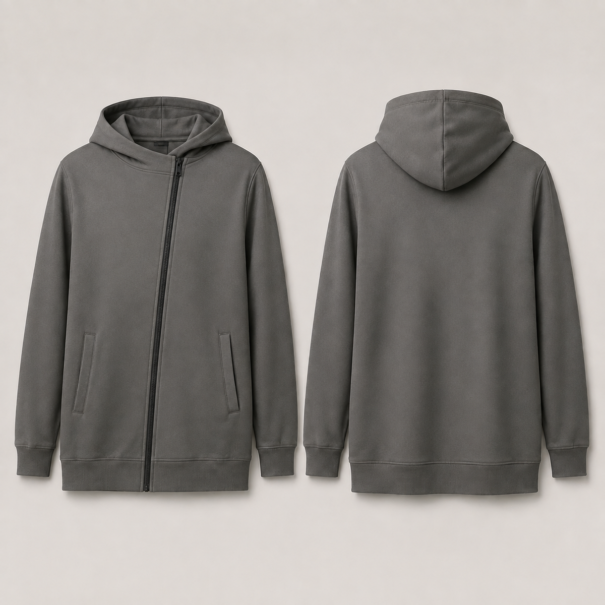 Front and back of a smoke-gray zip hoodie with a single zipper angled from the center hem to the left neckline.
