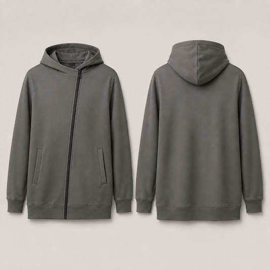 Front and back of a smoke-gray zip hoodie with a single zipper angled from the center hem to the left neckline.