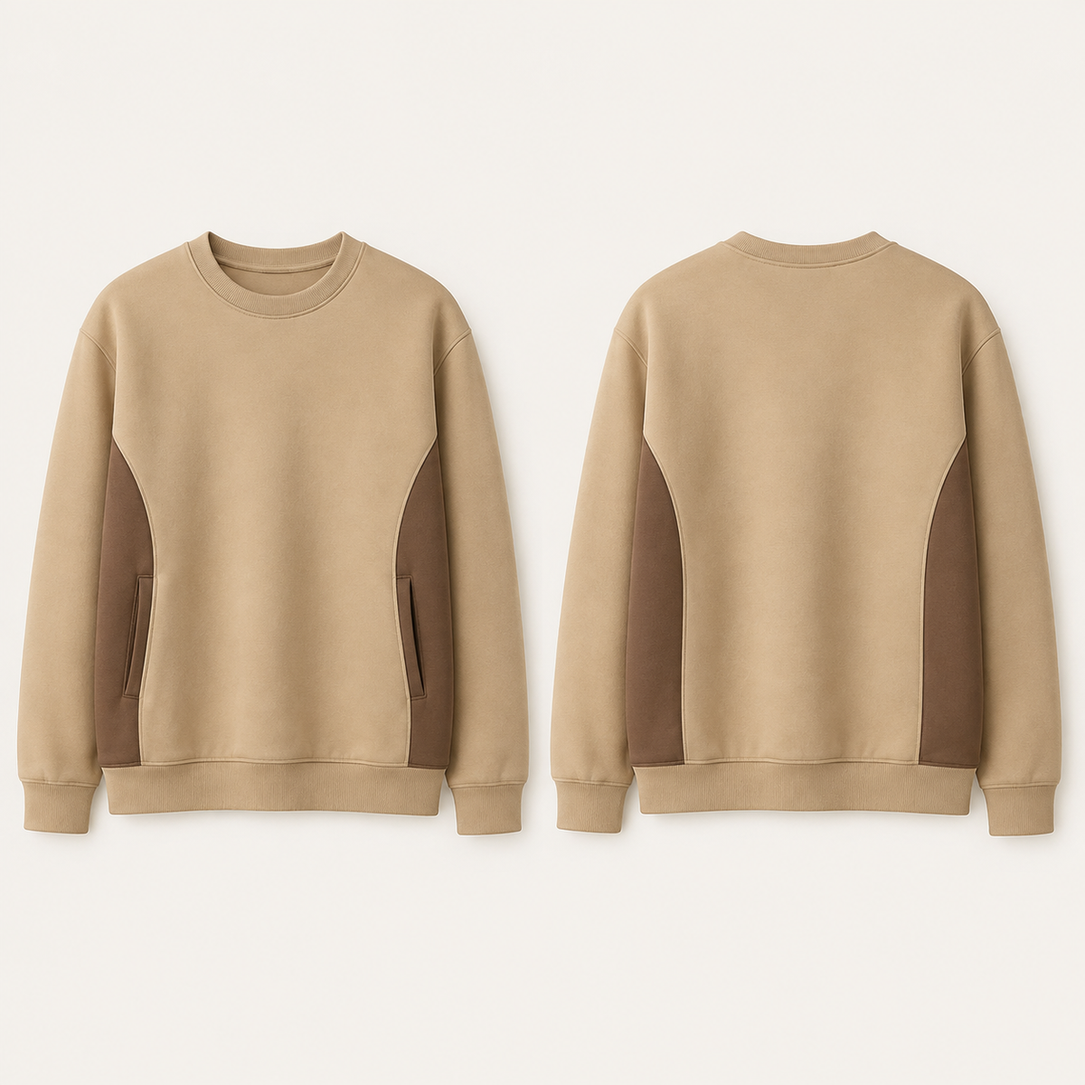 Front and back of a sand crewneck with cocoa side panels and two separate side-front welt pocket entries.