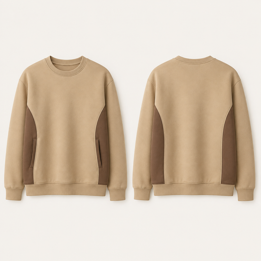 Front and back of a sand crewneck with cocoa side panels and two separate side-front welt pocket entries.