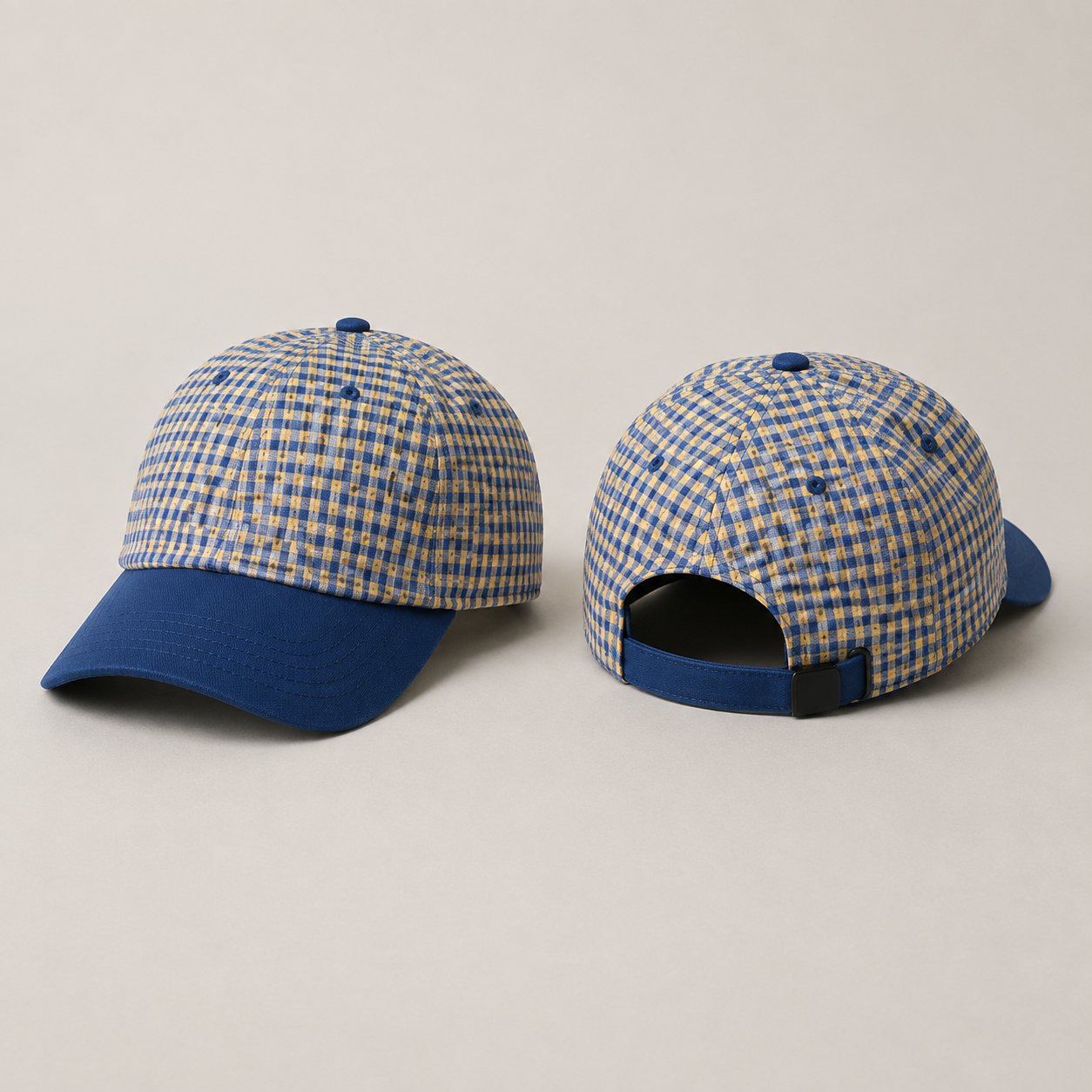 Front and rear views of a low-profile cobalt-and-butter checked cap with a solid cobalt peak and rear strap.