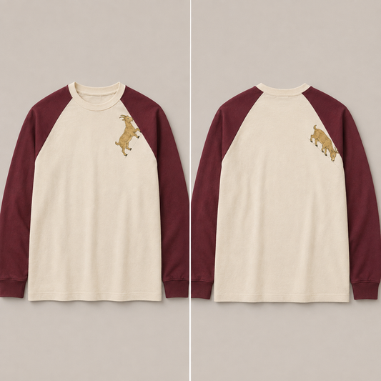 Hong Kong, A Different Way Back — Raglan Long Sleeve, Cream and Claret. HELLOH garment design preview.