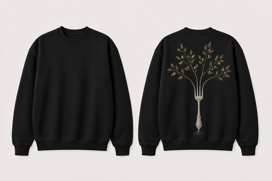 May Contain Traces — Crewneck Sweatshirt, Soft Black. HELLOH garment design preview.