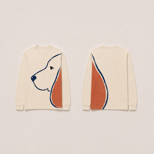 Not Quite Strangers — Long-Sleeve Tee, Warm Cream. HELLOH garment design preview.