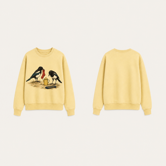 Stay for Breakfast — Crewneck Sweatshirt, Butter Yellow. HELLOH garment design preview.