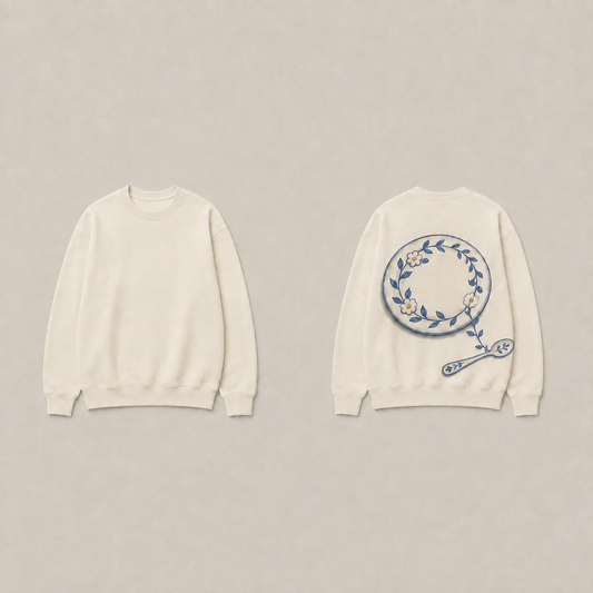 Front and back of an Ecru crewneck sweatshirt, with a cream platter whose blue floral vine crosses its rim and continues onto a nearby spoon on the back.