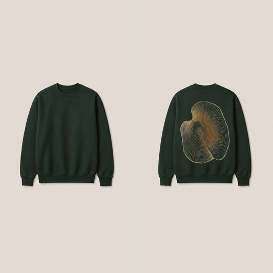 Front and back of a Deep Forest crewneck sweatshirt, with fine ochre and pale irregular tree-ring contours around an off-center knot and fissure on the back.