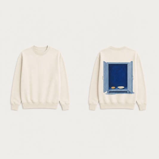 Front and back of an Ecru crewneck sweatshirt, with an open blue cupboard, expansive empty blue interior, and a small biscuit beside a cream saucer on the back.