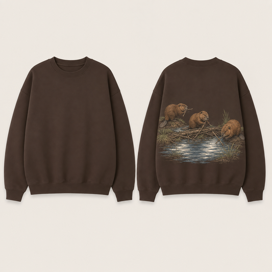 Front and back views of a deep-brown crewneck sweatshirt with three beavers working among branches beside a stream on the back.