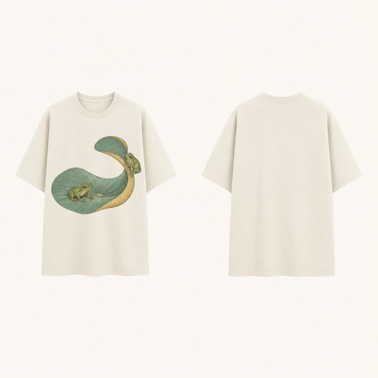 Front and back of a Bone oversized tee, with two tree frogs perched on different curls of one large blue-green and gold leaf on the front.