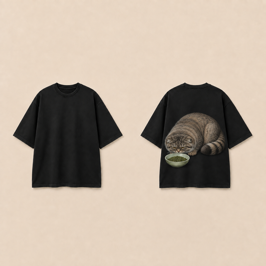 Front and back of a Washed Black oversized tee, with a low crouching fluffy cat studying a pale jade bowl of small green spheres on the back.