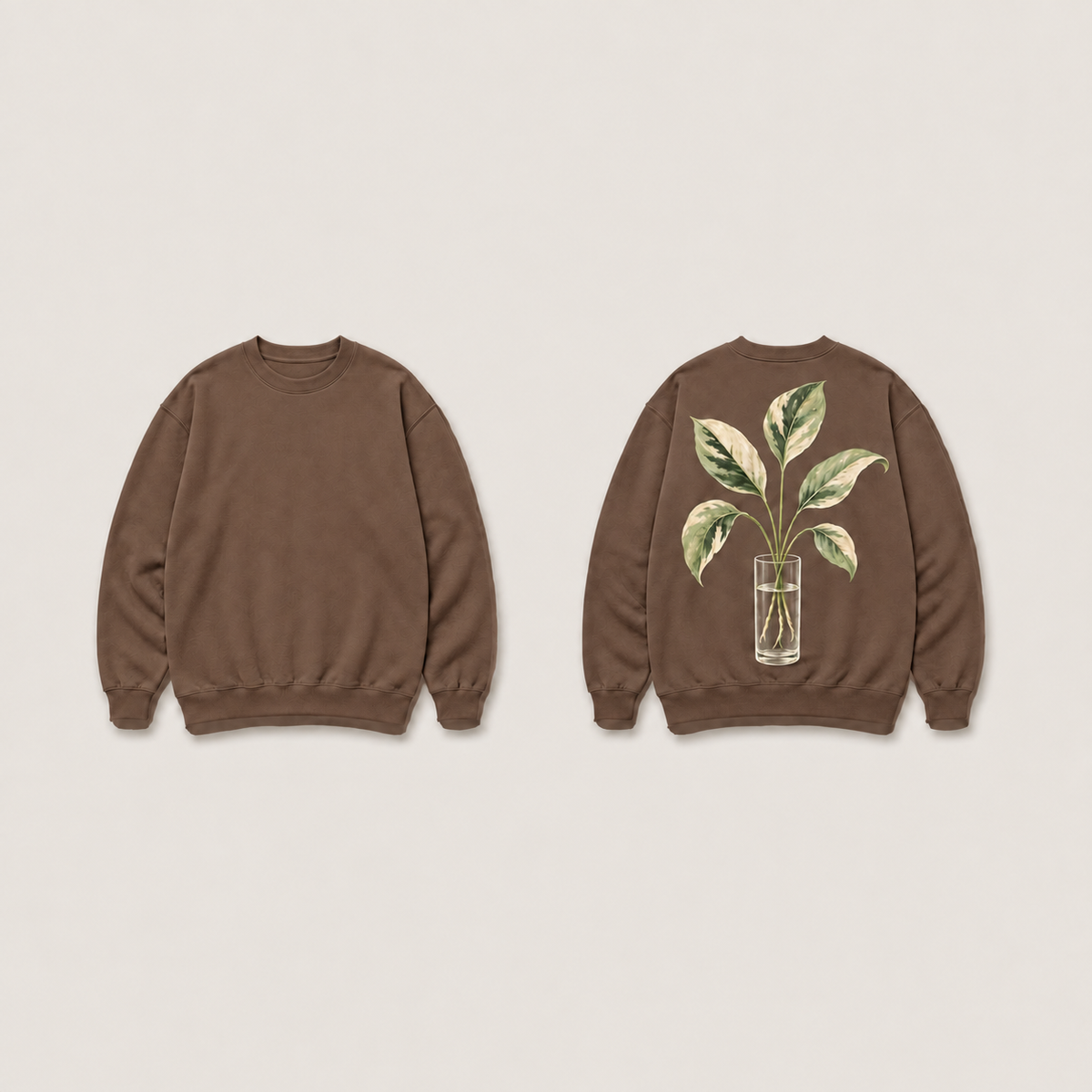 Front and back of the same crewneck in soft cocoa, with the cream-and-mint leafy cutting and clear tumbler drawing.