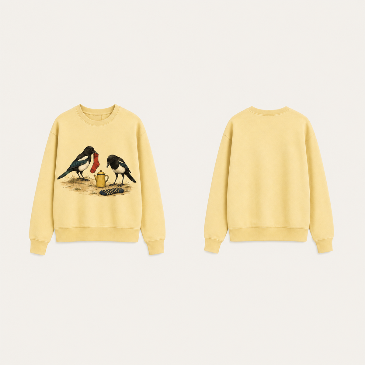 Front and back of a butter-yellow crewneck sweatshirt with two magpies, an empty red sock, a flat striped sock and a small coffee pot on the front.