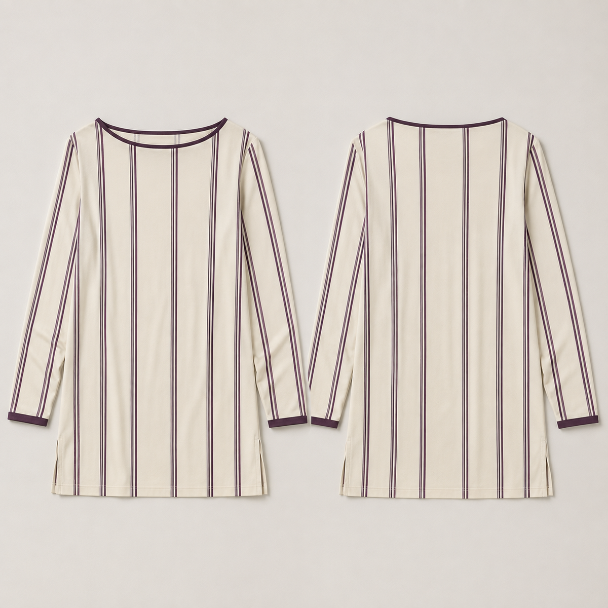 Front and back of an oat long-sleeve top with paired aubergine vertical stripes, shallow boat neck and small side vents.