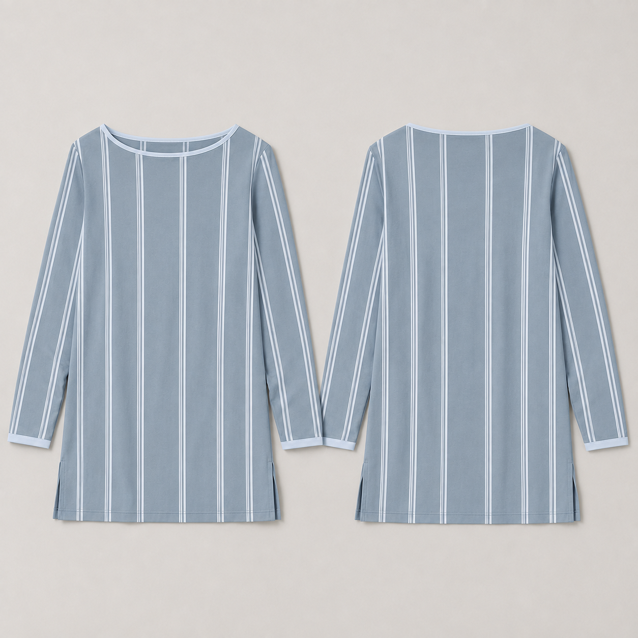Front and back of the same slate-blue long-sleeve top with paired pale-blue vertical stripes.