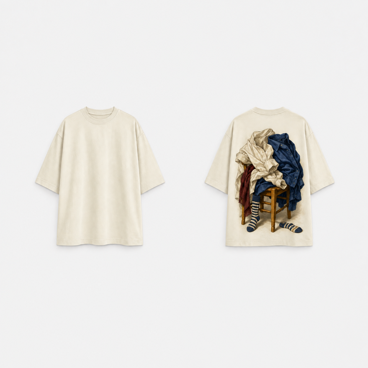 Front and back of a warm-ivory oversized tee with a plain front and a back still life of empty shirts, scarf and socks heaped on a wooden chair.