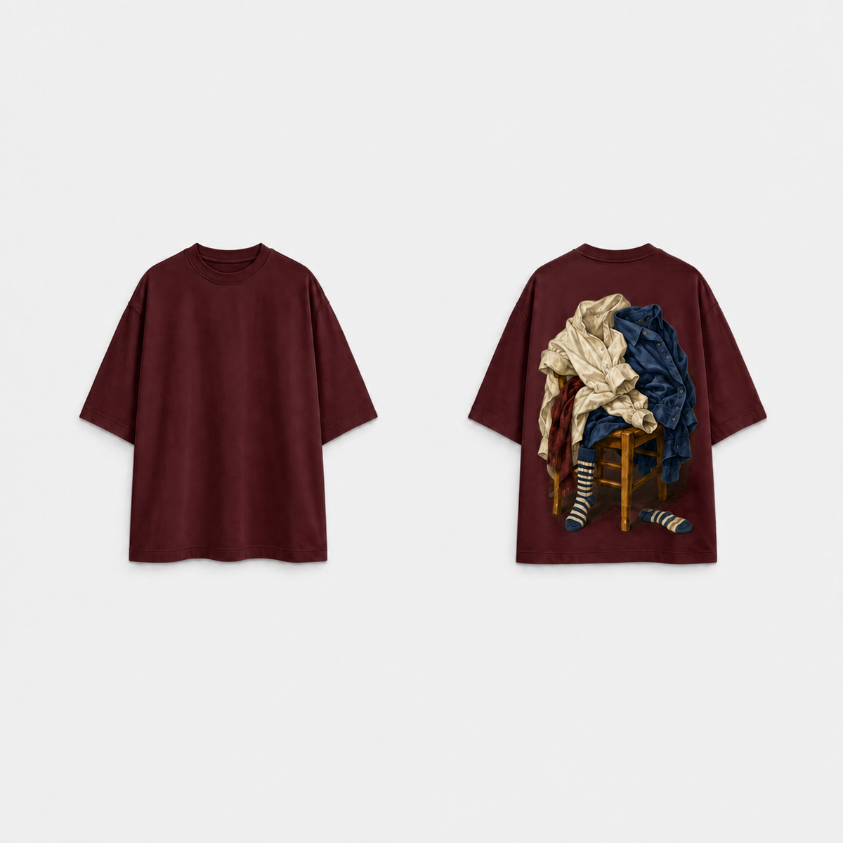 The same oversized tee in oxblood, with the ivory and cobalt clothing still life unchanged on the back.