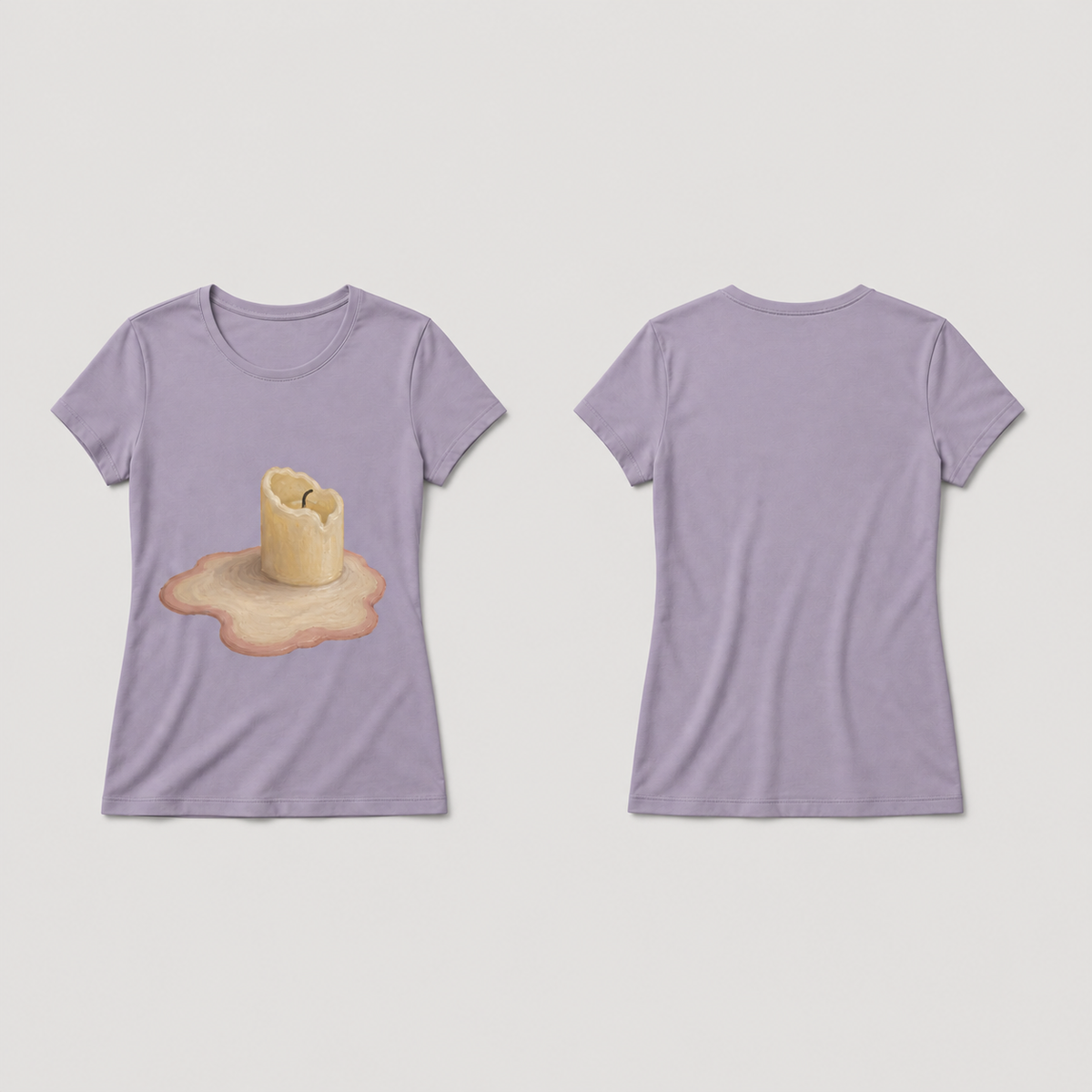Front and back of a fitted smoke-lilac tee, with a painted unlit spent candle and rose-edged wax pool on the front.