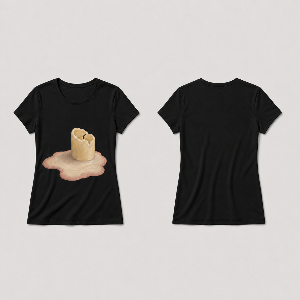 Front and back of the same fitted tee in ink black with the pale candle and rose-edged wax-pool drawing.