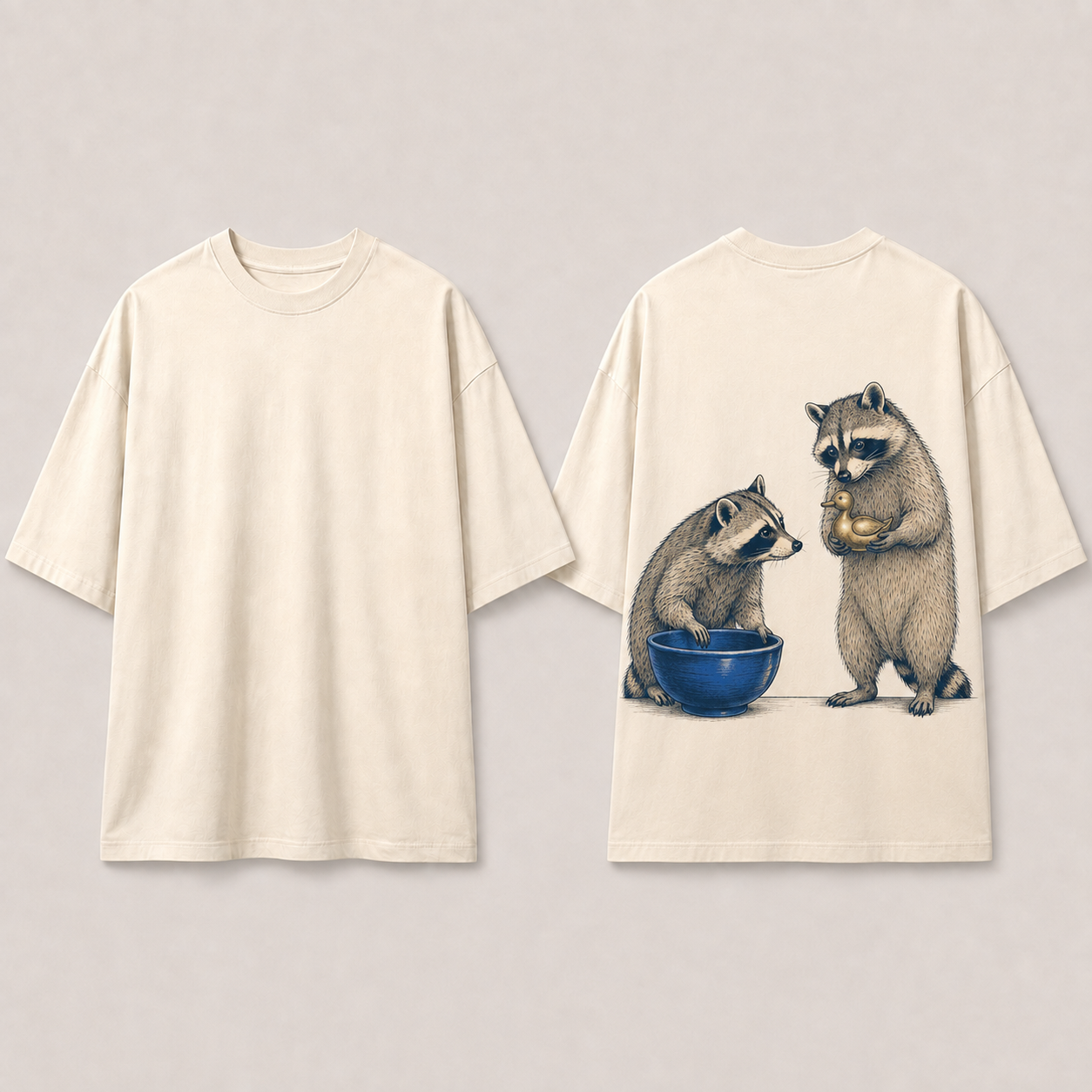 Front and back design renderings of a warm-chalk oversized tee with a plain front. On the back, one raccoon at a blue bowl glances at a second raccoon carefully holding a brass duck figurine.