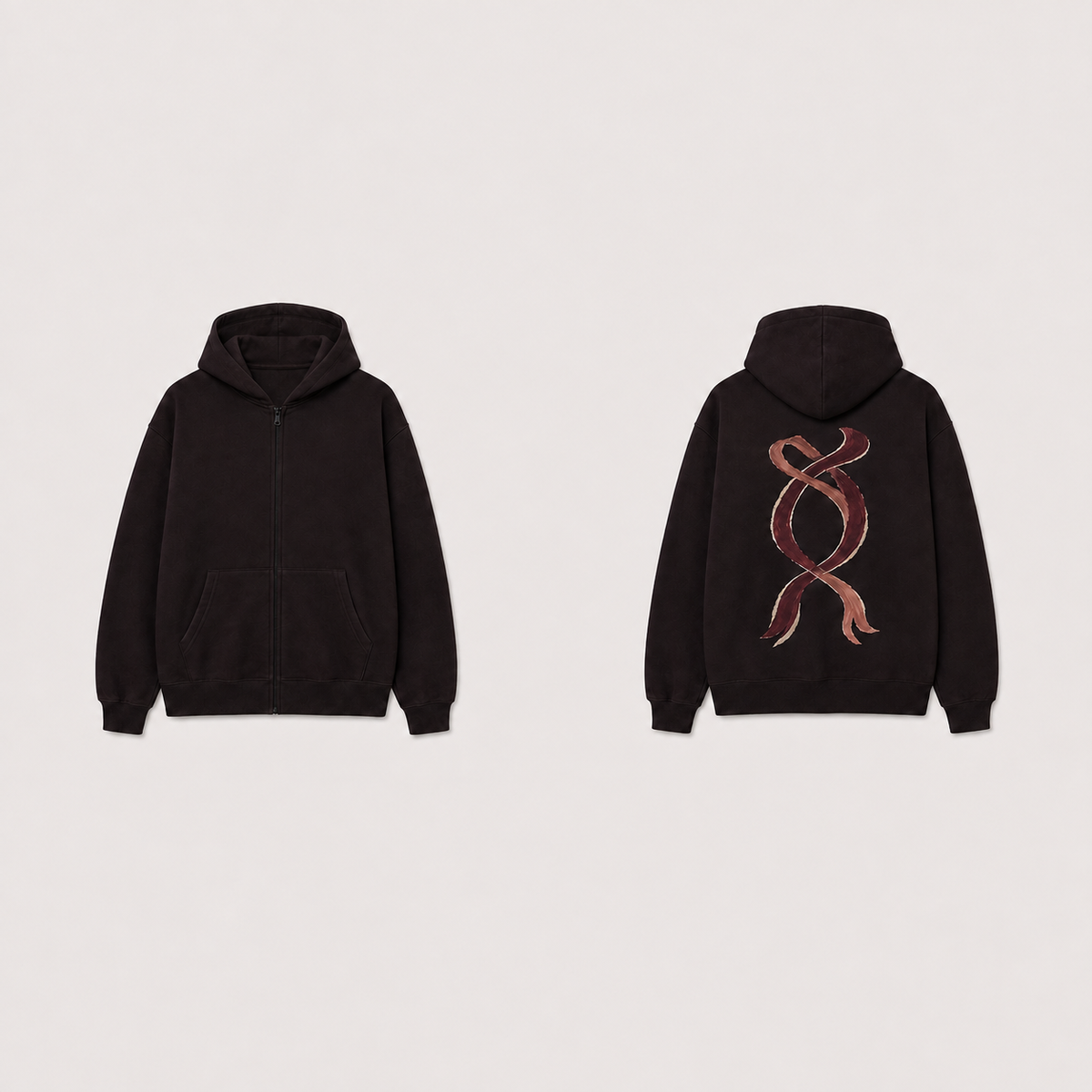 Front and back of a black-wine zip hoodie with a plain front, two pocket openings and two crossing painted ribbon paths below the back hood.
